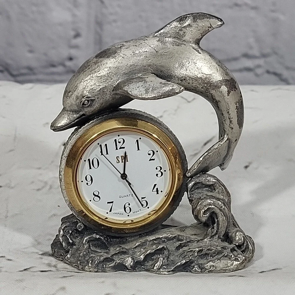Vintage Pewter‎ Quartz Desk Clock Dolphin Figural Coastal Motif Flaw-Non Working